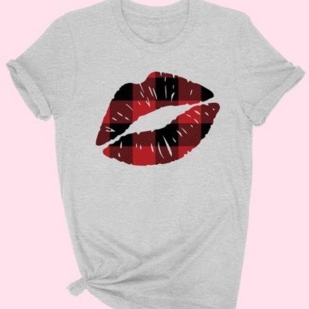 Plaid Lip Graphic T-shirt ~ Grey